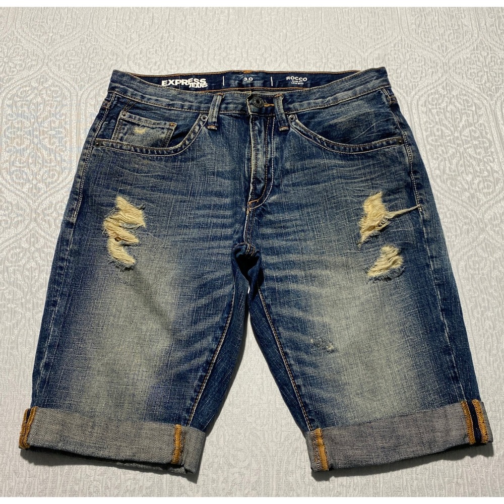Express Jeans Rocco Slim Fit Low Rise Distressed Denim Shorts Mens 30 Blue